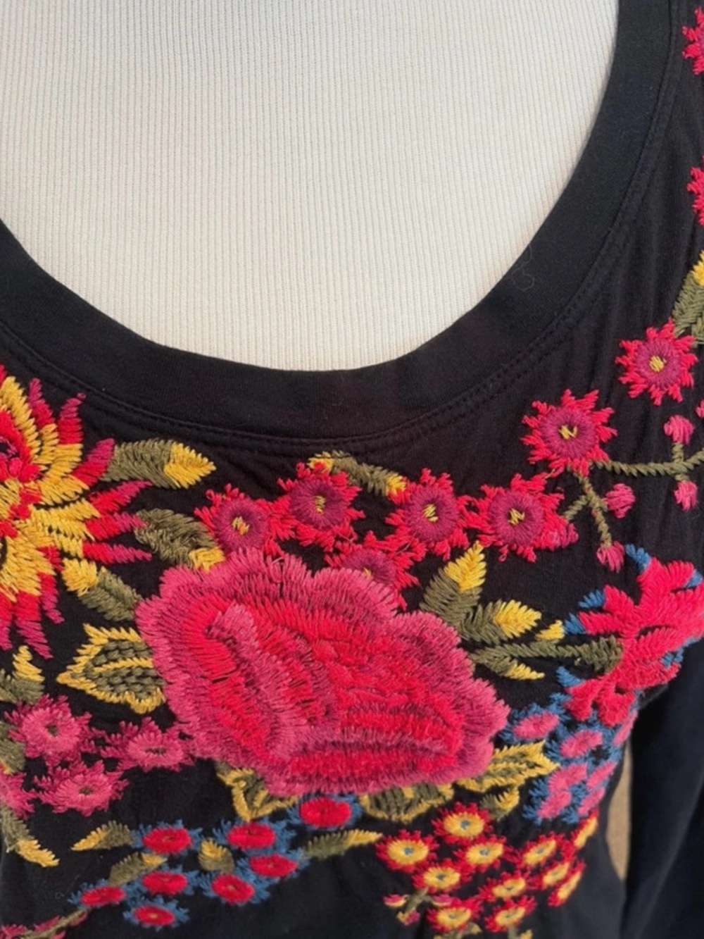 Johnny Was Black Long-Sleeve Floral Embroidered Scoop Neck Top - Picture 2 of 6